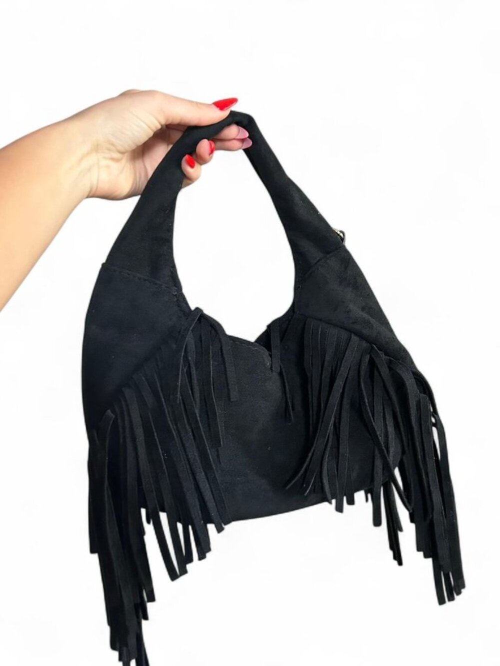 Black faux suede fringe handbag with fringe detailing       Vintage y2k bohemian